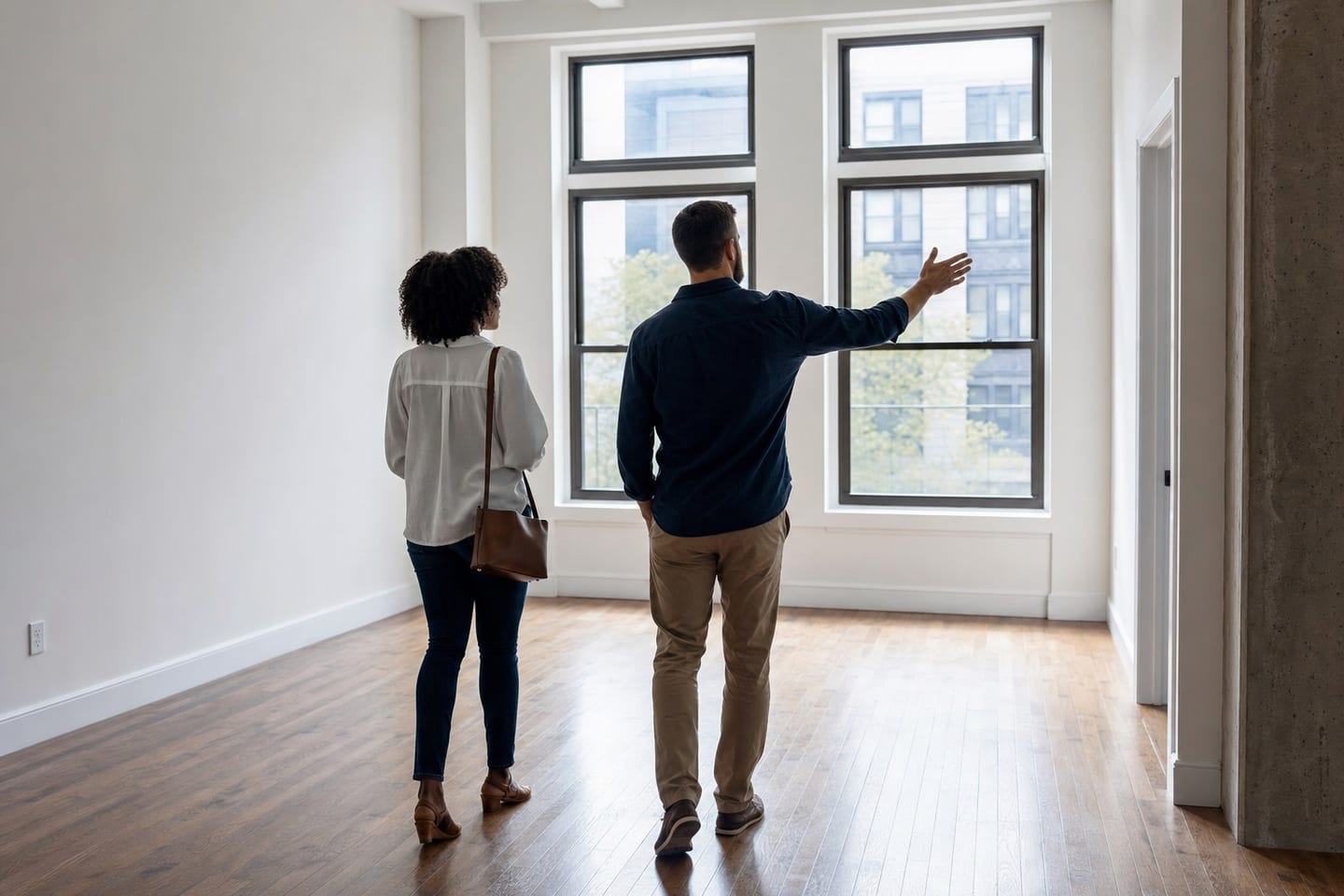 Two people walking through an empty, freshly painted apartment during a property viewing