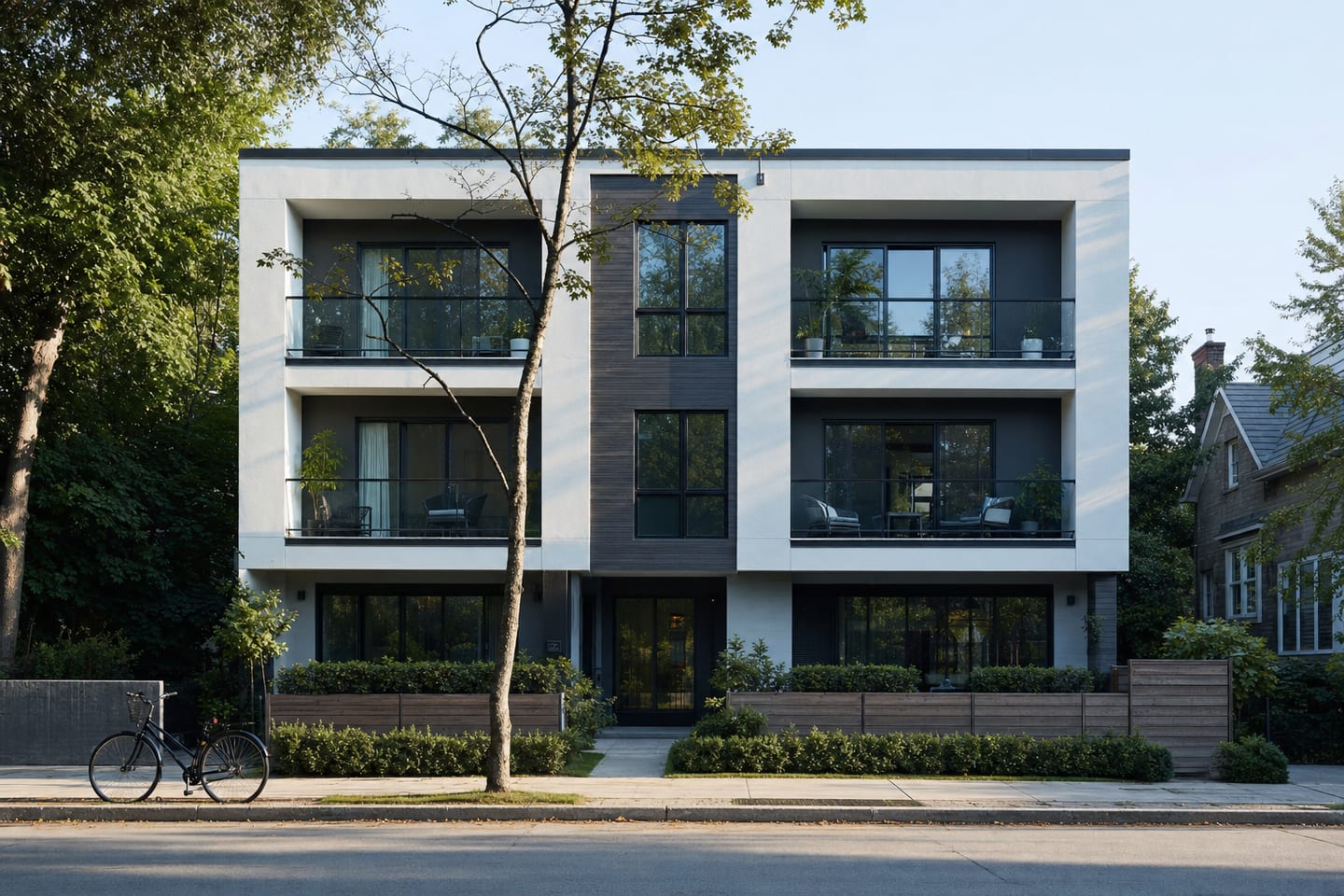 A small four-unit apartment building with balconies on a tree-lined street