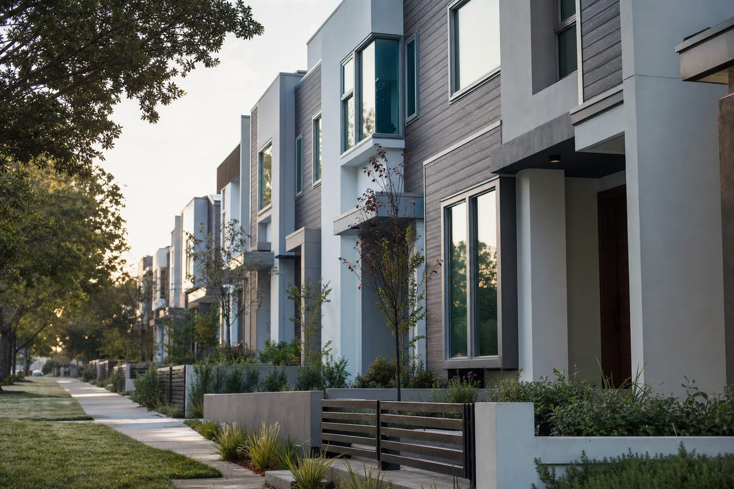 A row of modern townhomes with small front gardens in soft morning light