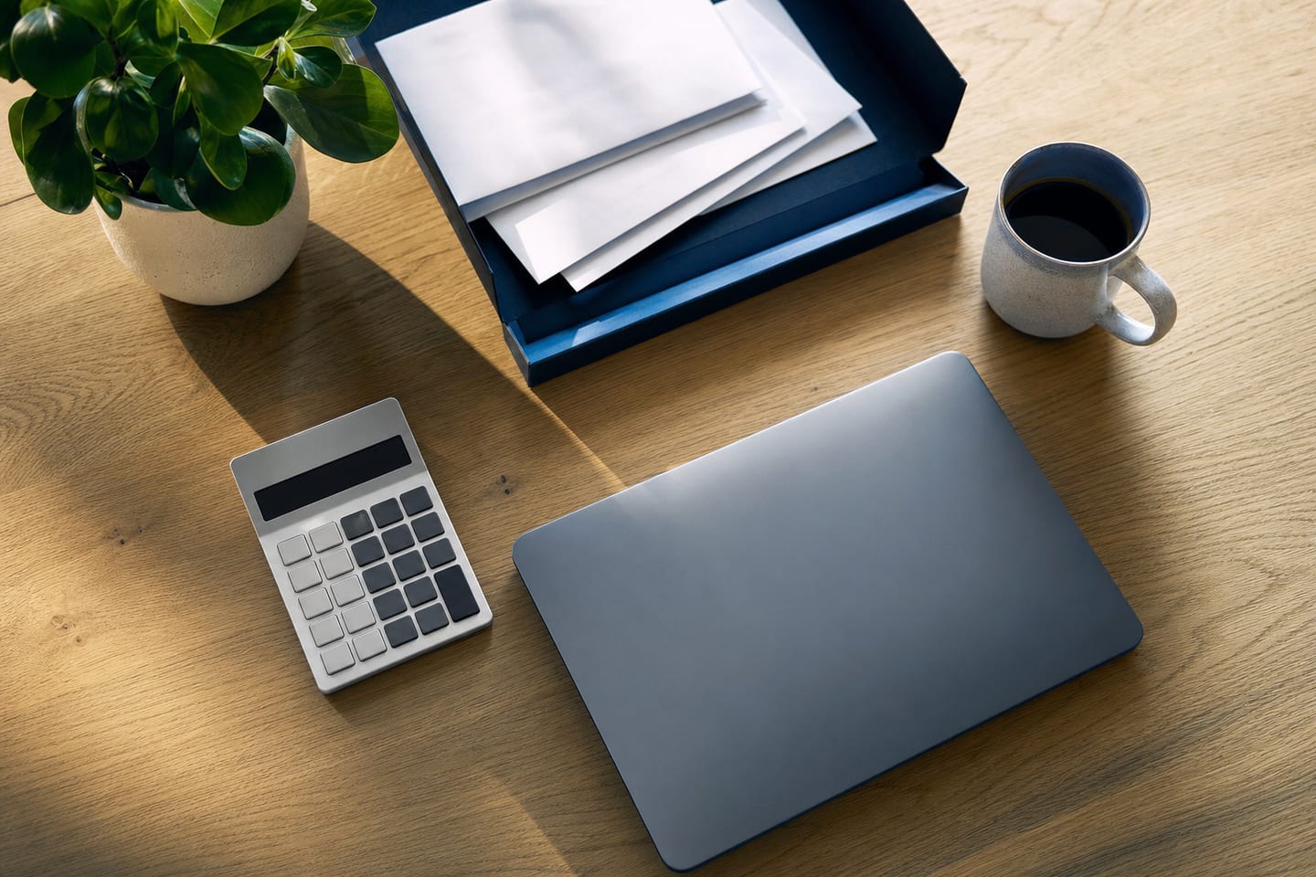 A small-business owner's desk with a closed laptop, receipts in a tray and a calculator, seen from above