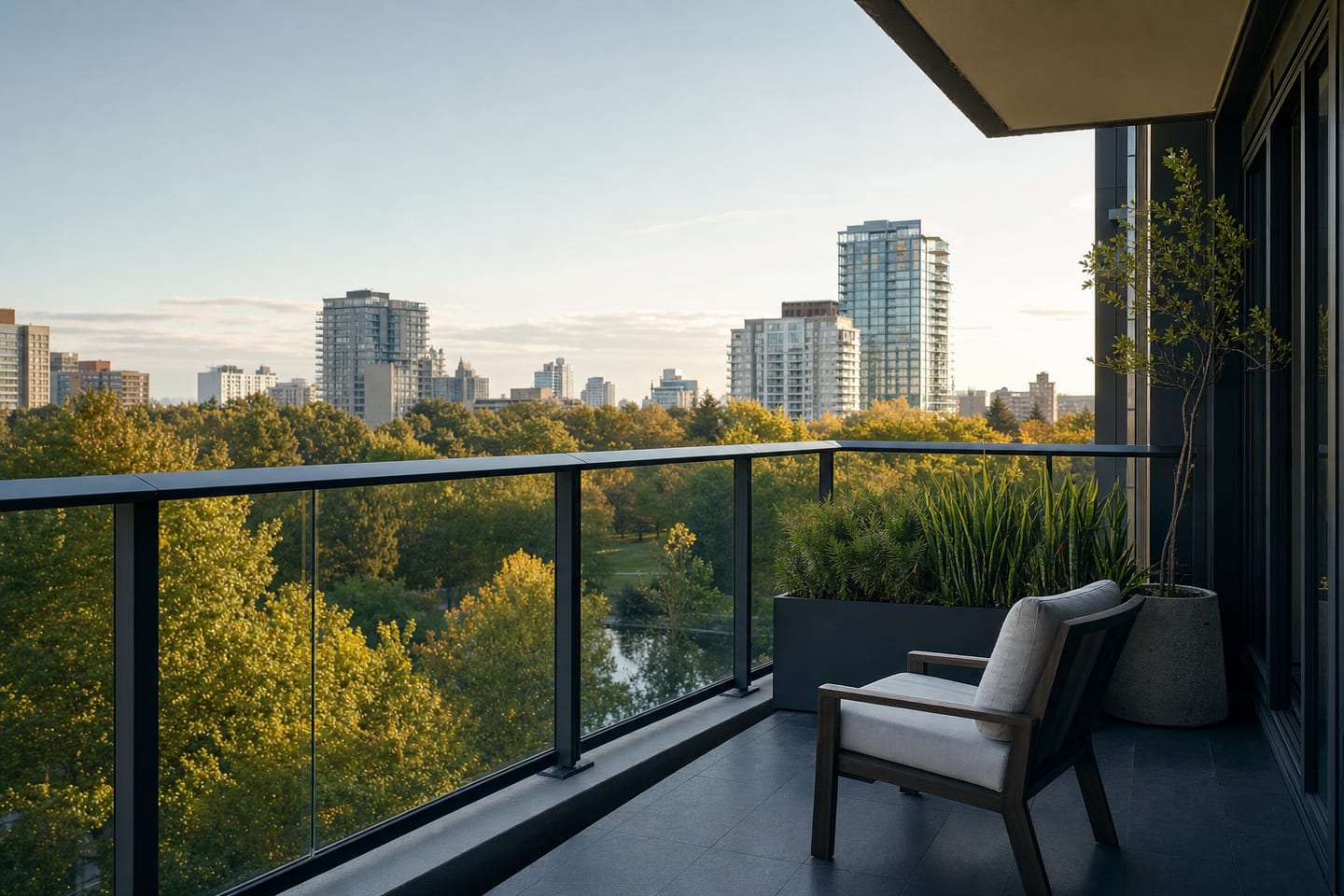 A condominium balcony with a chair and planters overlooking a city park