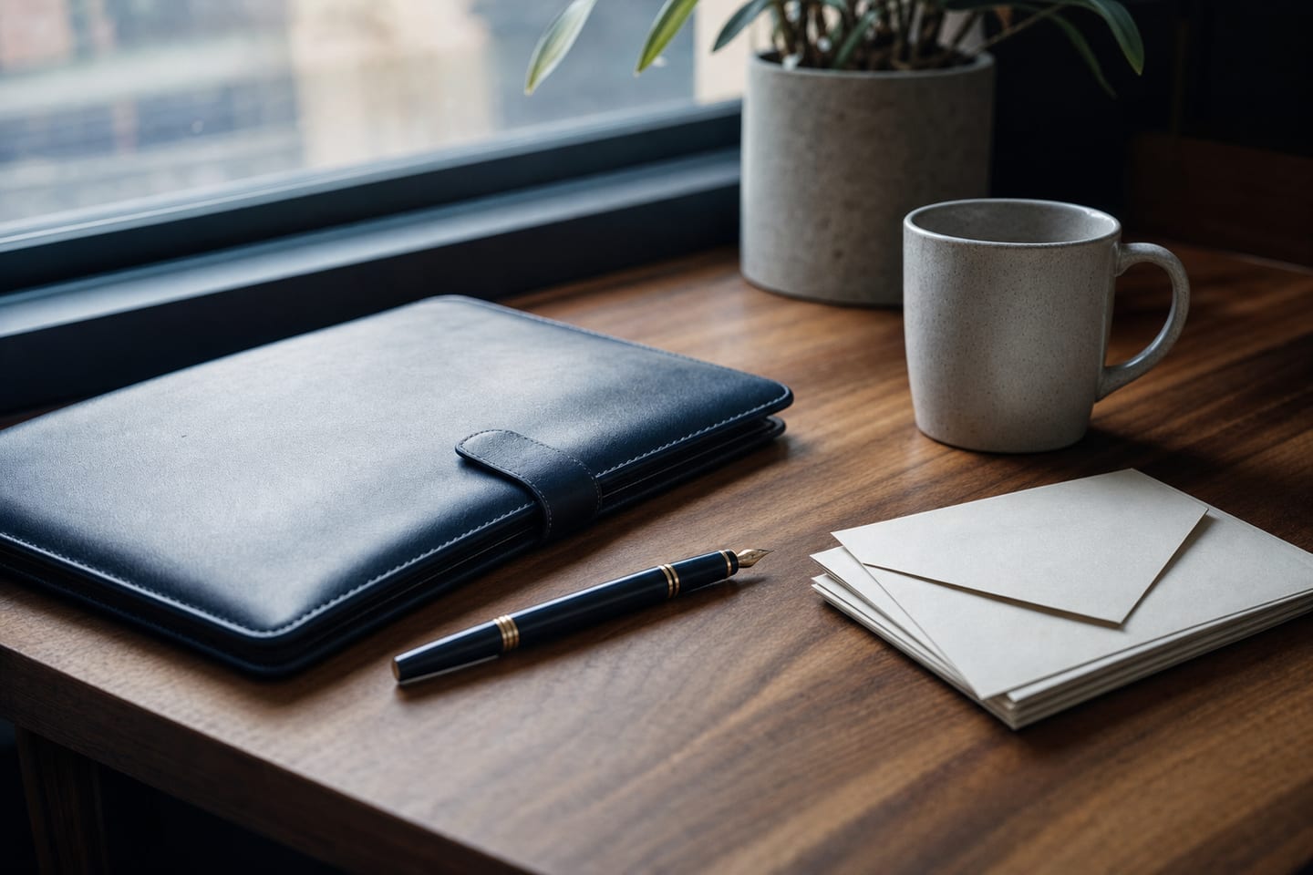 A closed leather folio, a fountain pen and a stack of unmarked envelopes on a walnut desk in window light