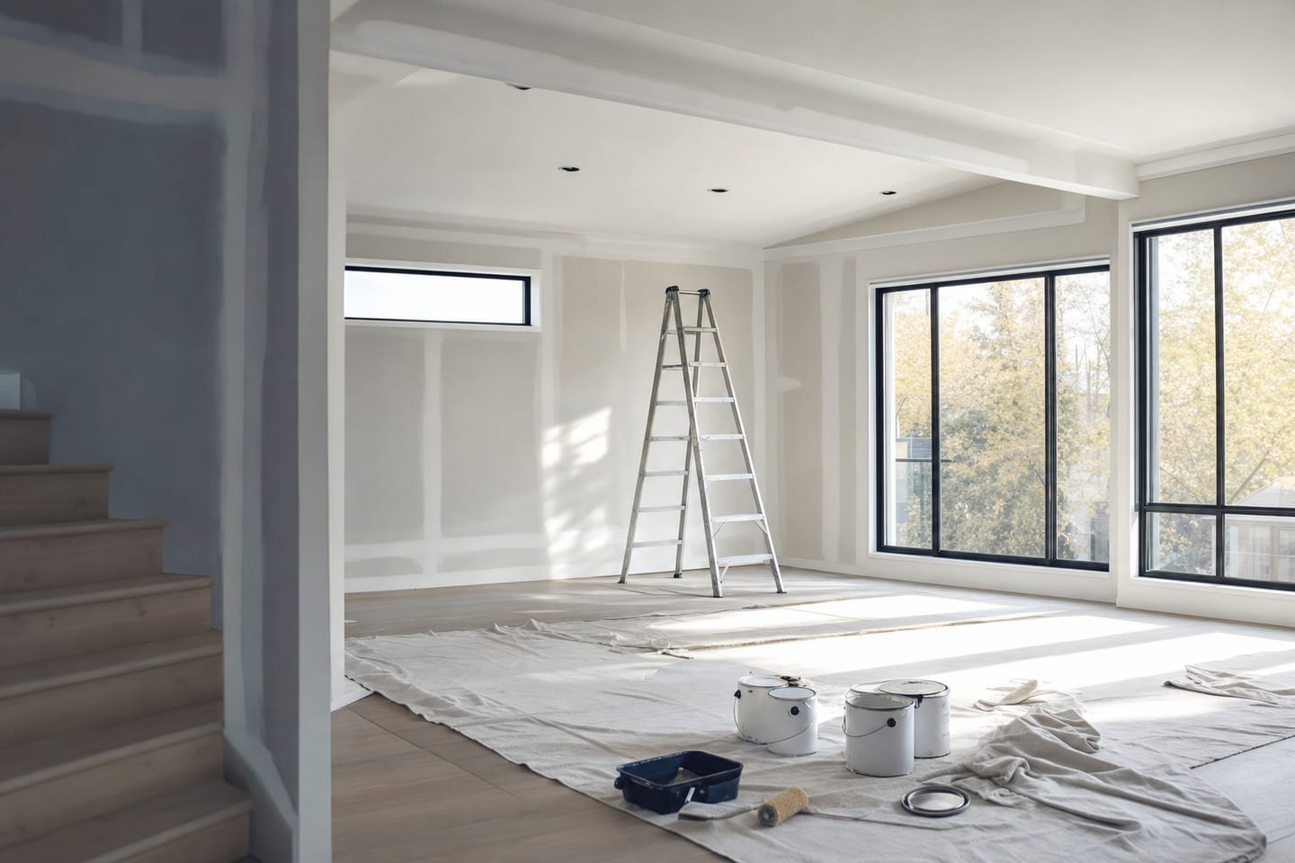 A living room mid-renovation with fresh drywall, a ladder and drop cloths in bright daylight