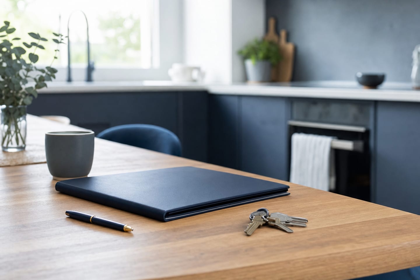 A tidy kitchen table with a plain folder, a pen and a set of keys, morning light
