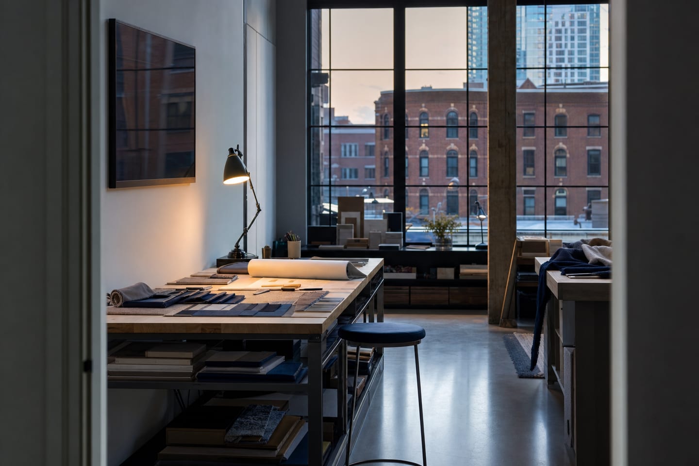 A small design studio seen from the doorway, a long workbench with material samples and a desk lamp still on