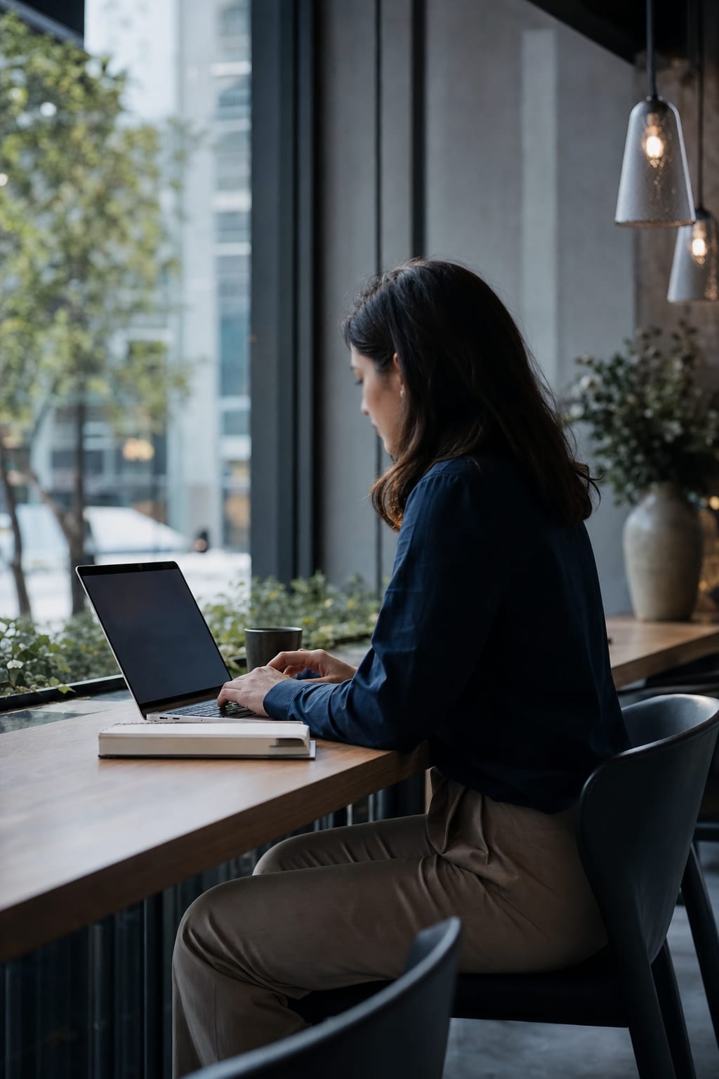A freelancer working on a laptop at a window seat in a quiet café, seen in profile