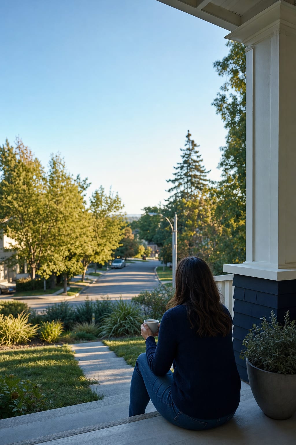 A homeowner sitting on a front porch step with a coffee, seen from behind, looking at the street