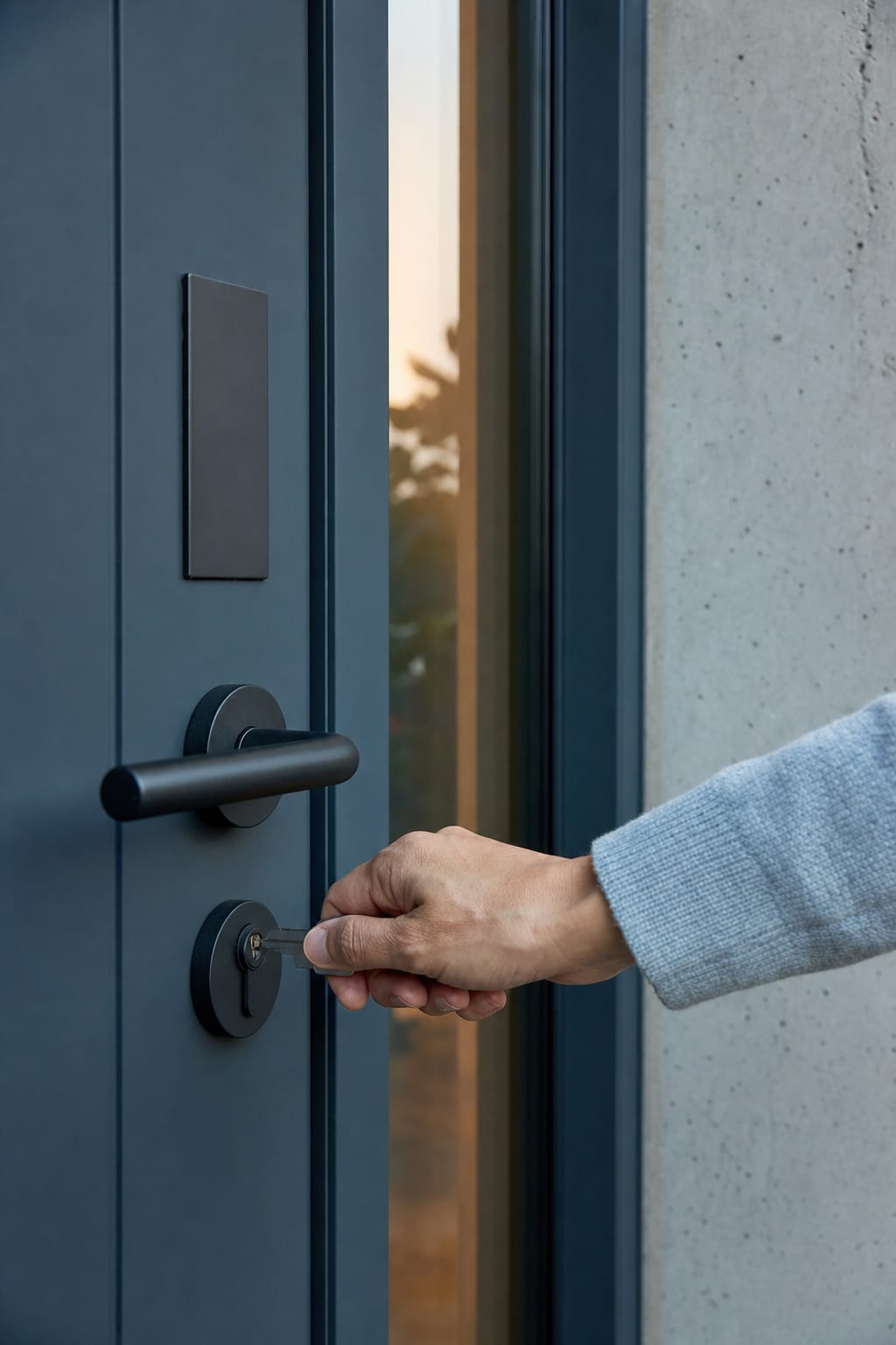 A hand unlocking the front door of a rental unit, close-up on the door hardware