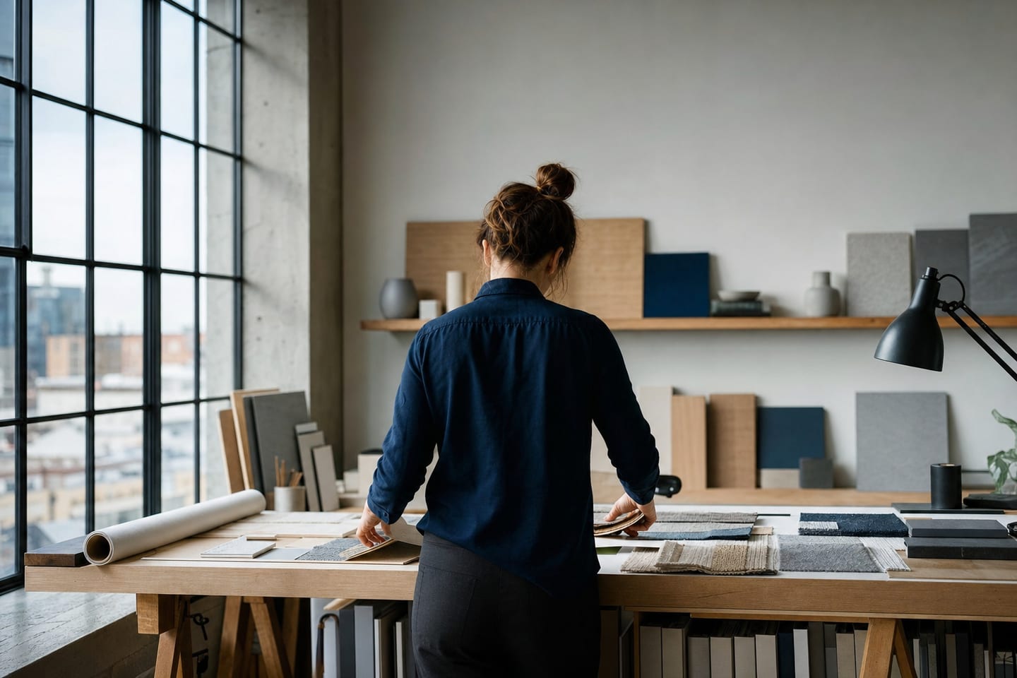 An entrepreneur at a workbench in a small design studio, seen from behind