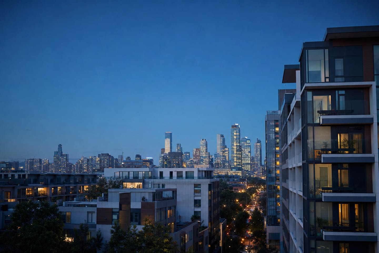 Mid-rise residential buildings and townhomes at blue hour with a downtown skyline in the distance
