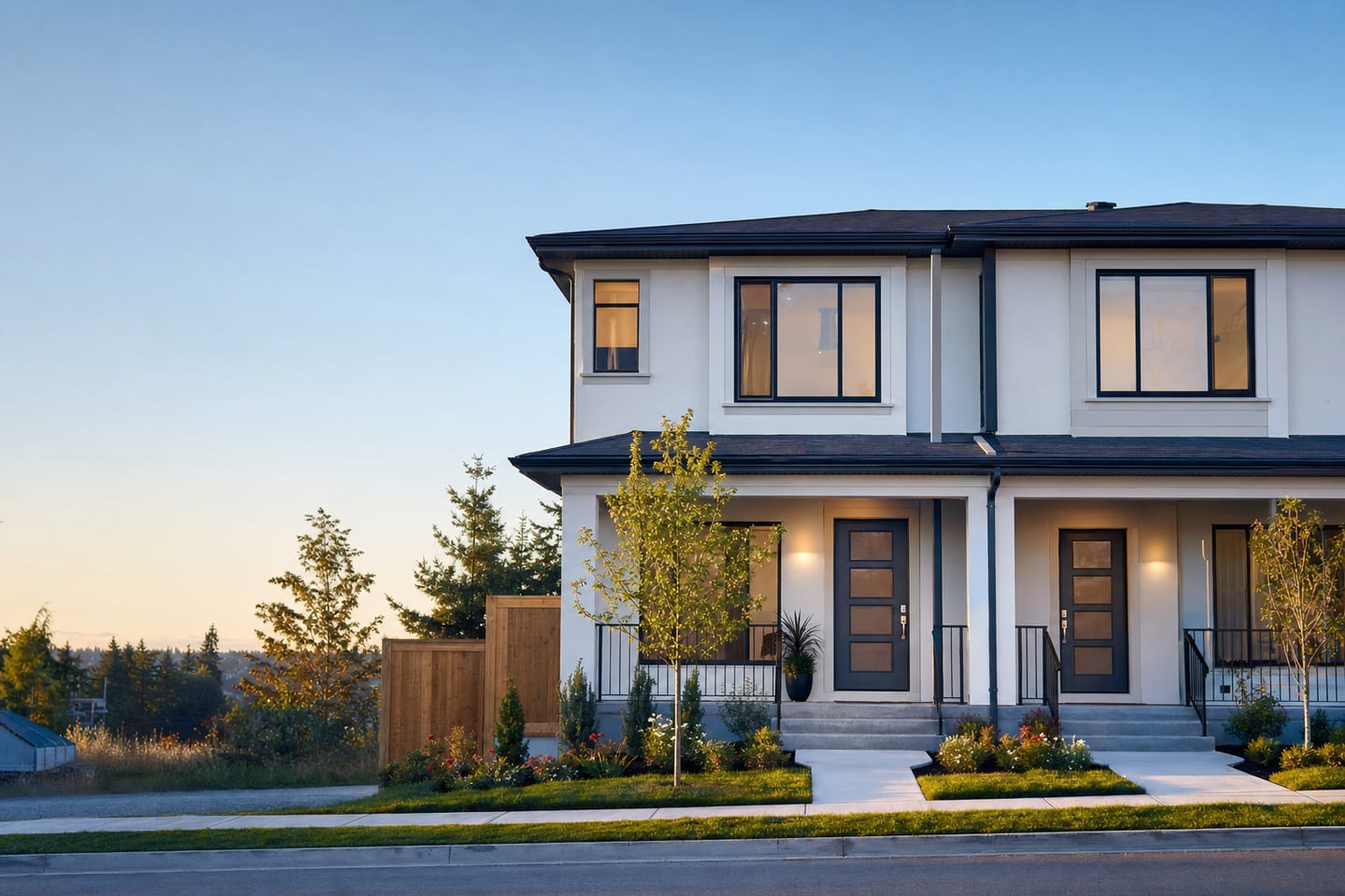 A well-kept modern duplex with two entrances and a shared front walk on a sunny afternoon