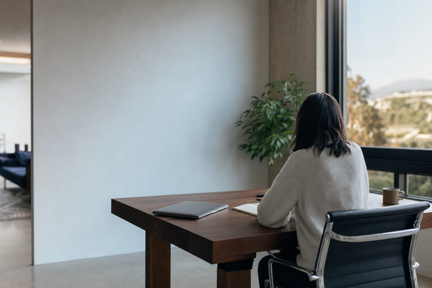 A self-employed professional working at a bright home-office desk, seen from behind
