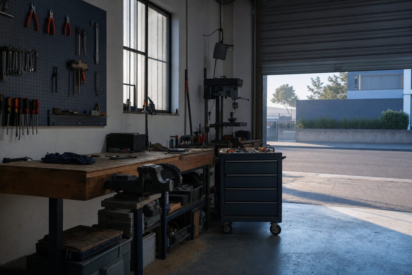 A small independent workshop at first light: a workbench with hand tools and the roller door half open to the street